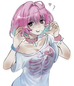  1girl ahoge blue_hair breasts cleavage collar commentary earrings fang heart heart_hands heart_symbol_as_organ highres ian_(2uaiueo) idolmaster idolmaster_cinderella_girls jewelry large_breasts multicolored_hair open_mouth pill pink_eyes pink_hair shirt short_hair solo two-tone_hair white_shirt yumemi_riamu 