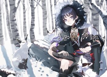  1boy animal_request aomiya_souju armor bare_tree black_bodysuit black_boots black_hair black_kimono black_shorts blunt_ends bodysuit boots bright_pupils bush coat commentary_request fatui_logo footprints forest fox fur-trimmed_coat fur-trimmed_hood fur_trim genshin_impact gold hand_on_own_leg hand_up highres hood hood_up hooded_coat japanese_armor japanese_clothes jewelry juban kimono knee_boots kote kurokote lace-up_boots lapels log looking_at_hand male_focus mitsudomoe_(shape) nature neck_ring o-ring open_clothes open_coat open_hand open_mouth outdoors purple_eyes purple_rope purple_sash red_kimono red_sash ringed_eyes rope sash scaramouche_(genshin_impact) shimenawa shorts sitting sitting_on_log snow solo tomoe_(symbol) tree white_coat white_hood white_kimono white_mouth white_pupils white_rope wispy_bangs 