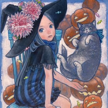  1girl candy cat chair commentary_request dress expressionless flower food grey_eyes grey_hair halloween hat highres jack-o'-lantern long_hair looking_at_viewer oil_painting_(medium) original painting_(medium) pumpkin ringodrawing sitting solo traditional_media witch_hat 
