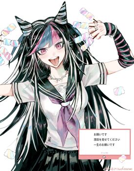  1girl arm_warmers arms_up bangle black_hair black_sailor_collar black_skirt blue_hair bracelet breasts commentary_request danganronpa_(series) danganronpa_2:_goodbye_despair face_piercing food hair_horns highres holding holding_food jewelry light_blush long_hair looking_at_viewer marshmallow marshmallow_(site) medium_breasts mioda_ibuki multicolored_hair multiple_piercings multiple_rings neckerchief necklace open_mouth piercing pink_eyes pink_hair pitta_(oshirinokeeeee) purple_neckerchief request_inset ring sailor_collar sailor_shirt shirt short_sleeves single_arm_warmer skirt smile solo streaked_hair striped_arm_warmers tongue tongue_out twitter_username upper_body very_long_hair white_background white_shirt white_streaks 