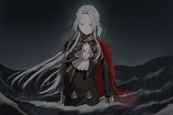  1girl black_background black_sky breasts capelet closed_mouth edelgard_von_hresvelg fire_emblem fire_emblem:_three_houses formal_clothes garreg_mach_monastery_uniform gloves grey_hair hair_flowing_over hair_ribbon highres long_hair long_sleeves mimummom night nintendo ocean outdoors purple_eyes red_capelet ribbon sad sky small_breasts solo standing suit upper_body walking walking_on_liquid white_gloves 