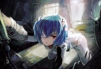  1girl ass ayanami_rei bandage_over_one_eye bed blue_hair bodysuit breasts hair_ornament highres hospital_bed intravenous_drip mecha_pilot_suit neon_genesis_evangelion non-web_source pillow plugsuit_(evangelion) red_eyes short_hair small_breasts solo sunlight white_bodysuit zhuxiao517 