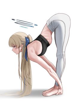 1girl 4meart0112 absurdres ass black_sports_bra blonde_hair blue_archive blue_bow blue_eyes blue_halo blush bow braid breasts closed_mouth commentary from_side frontbend full_body hair_bow halo highres long_hair midriff pants simple_background solo sports_bra toki_(blue_archive) untranslatable_commentary white_background white_pants workout_clothes yoga yoga_pants 