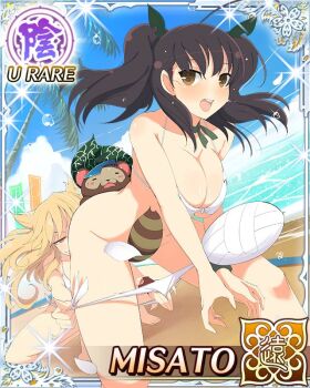2girls :o ahoge ass assisted_exposure ball beach beach_volleyball bikini blonde_hair blush border breasts breasts_squeezed_together brown_eyes brown_hair bump_(volleyball) cape card_(medium) character_name cleavage clothes_pull convenient_censoring embarrassed forced_exposure game_cg green_cape hair_ornament heart heart_ahoge humiliation kumi_(senran_kagura) large_breasts leaf leaf_hair_ornament leaf_on_head long_hair misato_(senran_kagura) multiple_girls ocean official_art pantsing petals playing_sports pontarou_(senran_kagura) pulling_another's_clothes sand senran_kagura senran_kagura_new_wave short_twintails solo_focus surprised sweat swimsuit twintails undressing_another volleyball volleyball_(object) rating:Sensitive score:6 user:danbooru