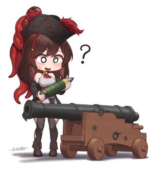 1girl ? ammunition artillery artillery_shell azur_lane bare_shoulders breasts cannon chibi commentary confused english_commentary hat highres holding jacket open_clothes open_jacket open_mouth pantyhose pirate_hat royal_fortune_(azur_lane) solo stuck_in_the_past torn_clothes torn_pantyhose whitter