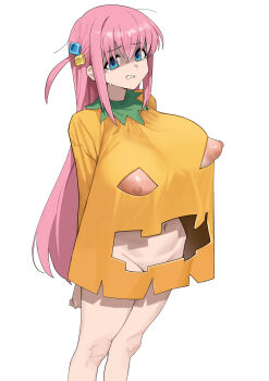  1girl absurdres blue_eyes blush bocchi_the_rock! breasts clenched_teeth clothing_cutout commentary cube_hair_ornament dress english_commentary gotoh_hitori groin hair_between_eyes hair_ornament highres large_breasts long_hair long_sleeves looking_at_viewer mutsuru_(omotta_yori) naked_dress navel nipple_cutout nipples one_side_up orange_dress pink_hair pumpkin_costume simple_background solo stomach stomach_cutout tears teeth thighs white_background 