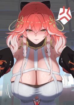 1girl absurdres alternate_breast_size_(larger) angry black_collar blush body_markings braid breasts changli_(wuthering_waves) collar commentary_request dassan naturally_detached_hair hair_between_eyes hair_extensions hair_ornament highres huge_breasts kleeeee...(meme) kleeeee..._(meme) looking_at_viewer meme multicolored_hair outstretched_arms pink_hair reaching reaching_towards_viewer ring_hair_extensions saitou_chiwa skindentation solo tacet_mark_(wuthering_waves) twin_braids two-tone_hair upper_body voice_actor_connection white_hair wuthering_waves yellow_eyes