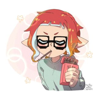  1girl 8-bit_(splatoon) ariamikukanzaki breasts closed_eyes commentary food food_in_mouth glasses gradient_hair green_sweater holding holding_food holding_pocky inkling multicolored_hair nintendo orange_hair pocky pocky_day pocky_in_mouth pointy_ears red_hair short_eyebrows small_breasts solo splatoon_(manga) splatoon_(series) splatoon_3 sweater tentacle_hair twitter_username twitter_x_logo upper_body v-shaped_eyebrows 