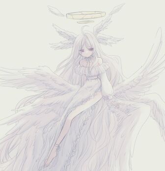  1girl absurdly_long_hair ahoge alternate_color alternate_costume alternate_species angel angel_wings ankle_strap bare_shoulders barefoot blue_archive choker closed_mouth commentary_request detached_wings dress expressionless feathered_wings frilled_choker frills full_body halo head_wings hina_(blue_archive) invisible_chair light_persona long_dress long_hair long_sleeves middle_part multiple_halos multiple_wings off-shoulder_dress off_shoulder original_terror_(blue_archive) pale_color parted_bangs puffy_long_sleeves puffy_sleeves purple_eyes ribbon ribbon_choker seraph side_slit simple_background single_bare_leg sitting solo takahisayuki traditional_halo very_long_hair white_background white_choker white_dress white_hair white_ribbon white_theme white_wings wings yellow_halo 