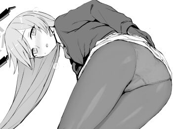 1girl ass bent_over blue_archive blush clothes_lift from_behind gloves greyscale halo kumadano long_hair long_sleeves looking_at_viewer looking_back monochrome open_mouth panties panties_under_pantyhose pantyhose simple_background skirt skirt_lift solo sweater underwear utaha_(blue_archive) white_background 