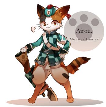  1other animal_ears animal_feet animal_hands aqua_coat aqua_hat calico_(pattern) calico_cat cat_ears cat_tail character_name coat commentary_request copyright_name digitigrade felyne full_body furry gun hand_on_own_hip hat hide448 looking_at_viewer monster_hunter_(series) monster_hunter_x orange_eyes other_focus player_palico simple_background solo tail weapon white_background 