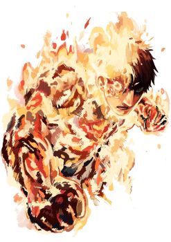  1boy agni_(fire_punch) blue_eyes burning clenched_hand fire_punch flaming_eyes flaming_hand highres incoming_attack incoming_punch looking_at_viewer muscular muscular_male punching short_hair sukesukeburger white_background 