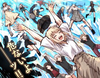  6+girls arms_up bad_id bad_twitter_id bang_dream! bang_dream!_it's_mygo!!!!! black_hair black_hoodie black_jacket black_shirt blue_background blue_hair blue_shorts blue_skirt brown_hair brown_skirt chihaya_anon collarbone expressionless flipped_hair green_hair grey_hoodie grey_skirt highres hood hoodie jacket kaname_raana long_hair long_skirt long_sleeves matsugi_ririko medium_hair miniskirt misumi_uika multiple_girls nagasaki_soyo open_clothes open_jacket open_mouth pants pink_hair plaid_clothes plaid_skirt polo_shirt red_pants red_shirt shiina_taki shirt short_sleeves shorts skirt sumita_mana takamatsu_tomori teeth togawa_sakiko translation_request two-tone_hoodie two_side_up upper_teeth_only wakaba_mutsumi white_shirt white_skirt yahata_umiri yukitake_(bullfalk) yuutenji_nyamu 