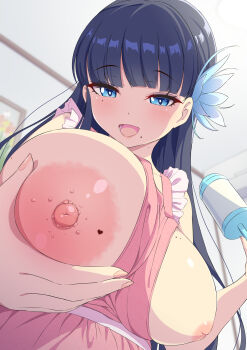 1girl :d absurdres black_hair blue_eyes blunt_bangs blurry blurry_background blush breast_hold breasts ceiling flower glands_of_montgomery grabbing_own_breast hair_flower hair_ornament highres hime_cut holding holding_rattle indoors inverted_nipples lactation large_breasts long_hair looking_at_viewer mole mole_on_breast mole_under_eye nipples open_mouth original rattle sakamata_(sakamata4) smile solo upper_body rating:Questionable score:159 user:danbooru