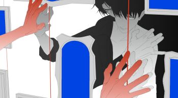  2boys against_glass black_hair character_request colored_extremities hand_on_own_chest highres kim_dokja mirror multiple_boys omniscient_reader's_viewpoint outstretched_arms partially_open_shirt photo_(object) pov pov_hands reflection reflection_focus shared_clothes short_hair tix_0314 upper_body 