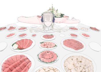  1girl bisected breasts cannibalism closed_eyes death female_pubic_hair food guro highres malcolm_x_(artist) meat nude original plate pubic_hair severed_head small_breasts table tablecloth twintails  rating:Explicit score:19 user:ponekad