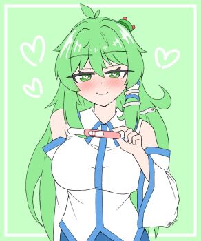  1girl blush breasts commentary daikoko detached_sleeves english_commentary frog_hair_ornament green_eyes green_hair hair_ornament highres holding holding_pregnancy_test kochiya_sanae large_breasts long_hair looking_at_viewer mountain_of_faith pregnancy_test smile snake_hair_ornament solo touhou 