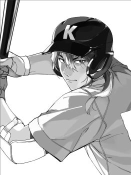  1boy 999993nine baseball baseball_bat baseball_helmet baseball_uniform boukyaku_battery closed_mouth commentary_request elbow_pads greyscale hair_between_eyes helmet holding holding_baseball_bat long_hair looking_at_viewer male_focus mismatched_eyebrows monochrome simple_background solo sportswear todou_aoi_(boukyaku_battery) upper_body white_background 