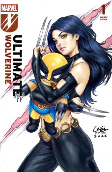  1girl bodysuit claw_(weapon) claws comic_cover commentary english_commentary father_and_daughter highres laura_kinney marvel multicolored_bodysuit stuffed_toy superhero_costume two-tone_bodysuit weapon weijic wolverine_(x-men) x-23 x-men yellow_bodysuit 
