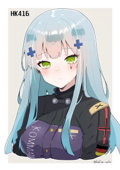 1girl blue_hair blush breasts character_name commentary_request cross expressionless facepaint girls'_frontline green_eyes hair_ornament hairclip highres hk416_(girls'_frontline) iron_cross jacket light_frown long_hair looking_at_viewer medium_breasts solo teardrop tesura_(teslamk2) upper_body very_long_hair 