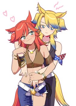  2girls absurdres animal_ears arm_around_neck armband asymmetrical_pants belt black_pants black_vest blue_eyes blue_hair blue_pants blush bracelet breasts brown_eyes brown_hair brown_shirt cleavage closed_mouth commentary crop_top cutoffs denim ear_picking fringe_trim frown half-closed_eyes heart highres horse_ears horse_girl horse_tail hug hug_from_behind jeans jewelry long_hair looking_at_another loose_belt midriff multicolored_hair multiple_girls navel necklace obey_your_master_(umamusume) pants shirt simple_background sleeveless sleeveless_shirt smile squiggle standing star-shaped_buckle star-shaped_pupils star_(symbol) star_necklace sunshine_forever_(umamusume) symbol-shaped_pupils tail tira_(tira_e) two-tone_hair two_side_up umamusume umamusume:_cinderella_gray vest white_background white_belt wristband yuri 