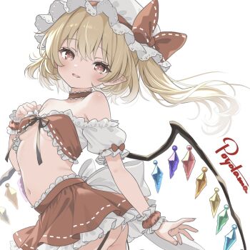  1girl artist_name back_bow bare_shoulders bikini bikini_top_only black_ribbon blonde_hair bow breasts bright_pupils choker clenched_hand commentary cowboy_shot crystal crystal_wings dot_nose flandre_scarlet frilled_bikini frilled_choker frilled_cuffs frills from_side garter_straps hand_up hat hat_ribbon highres long_hair looking_at_viewer low_neckline mob_cap navel off-shoulder_bikini off_shoulder one_side_up open_mouth panties pantyshot po_yo_ta_ma pointy_ears puffy_short_sleeves puffy_sleeves red_bikini red_bow red_choker red_eyes red_skirt ribbon ribbon_trim short_sleeves side_ponytail simple_background skirt small_breasts smile solo stomach strapless strapless_bikini swimsuit touhou twisted_torso underwear white_background white_bow white_hat white_panties wings wrist_cuffs 
