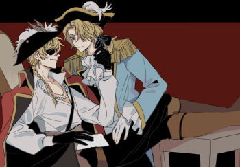  2boys ascot axis_powers_hetalia bicorne blonde_hair blue_eyes boots bow braid braided_ponytail chinese_commentary commentary_request eyepatch france_(hetalia) gloves hair_bow hair_over_one_eye hat highres jacket jewelry lihua380 long_hair male_focus multiple_boys necklace open_mouth pants pirate_costume pirate_hat plume ponytail red_background shirt single_braid sitting smile thick_eyebrows united_kingdom_(hetalia) yaoi 