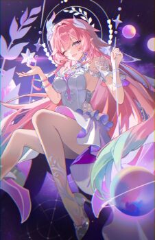  1girl ;o absurdres aqua_hair breasts commentary cyrene_(demiurge)_(honkai:_star_rail) cyrene_(honkai:_star_rail) diamond-shaped_pupils diamond_(shape) dress halo highres honkai:_star_rail honkai_(series) large_breasts long_hair looking_at_viewer multicolored_hair on_swing one_eye_closed pink_hair planet planetary_ring pointy_ears purple_eyes rinple sky smile solo star_(sky) starry_sky swing symbol-shaped_pupils thighs two-tone_hair very_long_hair white_dress 