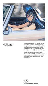  1girl absurdres alternate_costume animal_ears arknights astesia_(arknights) bare_shoulders bird_ears blue_eyes blue_hair bright_pupils car convertible driving fake_ad hat highres immeasurable long_hair looking_at_viewer mercedes-benz motor_vehicle shirt smile solo white_hat white_pupils white_shirt wide_brim 