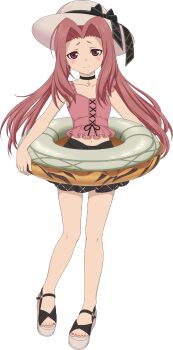  1girl arietta_(summer)_(tales) arietta_(tales) black_choker black_ribbon blush choker frills game_cg hat highres holding holding_swim_ring innertube jewelry long_hair looking_at_viewer nail_polish navel necklace official_alternate_costume official_art open-toe_shoes pink_eyes pink_hair pink_trim red_nails ribbon smile solo sun_hat swim_ring swimsuit tales_of_(series) tales_of_asteria tales_of_the_abyss transparent_background 