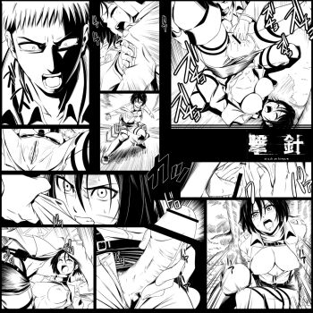  1boy 1girl abs black_hair boots breasts can_(crymachina) collarbone comiket comiket_84 commentary_request fingering jacket jean_kirstein kiyosumi_hurricane knee_boots large_breasts medium_hair mikasa_ackerman nipples open_clothes open_mouth open_shirt outdoors pants paradis_military_uniform penis pussy rape scarf shingeki_no_kyojin shirt short_hair spread_legs tears tree white_shirt 