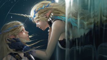  2girls bare_shoulders black_collar black_dress blonde_hair blue_eyes blue_hands breasts cartethyia_(wuthering_waves) collar commentary crown dress dual_persona earrings eye_contact fleurdelys_(wuthering_waves) floating_crown floating_earrings from_side highres horns jewelry large_breasts long_hair long_horns looking_at_another multiple_earrings multiple_girls niri_(eunhaha02) pointy_ears sideboob single_horn tabard tacet_mark_(wuthering_waves) white_tabard wuthering_waves yellow_horns 