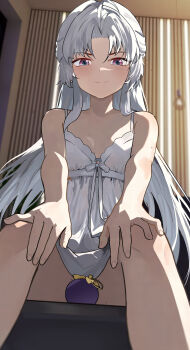 1girl absurdres alternate_costume babydoll bare_shoulders carlotta_(wuthering_waves) closed_mouth commentary convenient_censoring english_commentary hand_on_own_knee highres indoors light_blush looking_at_viewer multicolored_eyes parted_bangs purple_eyes ryeon_(naturesan) sitting smile solo two-tone_eyes white_babydoll white_hair wuthering_waves rating:Questionable score:28 user:danbooru