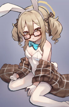  1girl aged_down akane_(blue_archive) akane_(bunny)_(blue_archive) animal_ears blue_archive blush bow breasts brown-framed_eyewear brown_bow brown_eyes brown_hair commentary_request covered_navel fake_animal_ears fringe_trim glasses gloves grey_background hair_between_eyes hair_bow hairband halo highres leotard long_hair looking_at_viewer miya_(miyaruta) pantyhose parted_lips plaid_bow rabbit_ears shawl sitting small_breasts solo strapless strapless_leotard wariza white_gloves white_hairband white_leotard white_pantyhose 