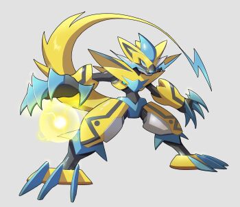  blue_claws blue_eyes claws crossover electricity full_body gen_7_pokemon grey_background highres legendary_pokemon legs_apart mechanization mega_man_(series) mega_man_zero_(series) mega_man_zx mythical_pokemon nintendo pokemon pokemon_(creature) robot simple_background standing tagme tail ultimatemaverickx yellow_tail zeraora 