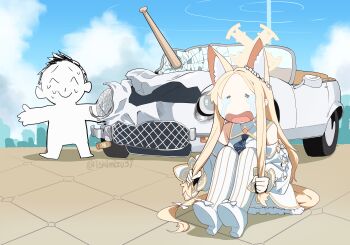  1boy 1girl absurdres animal_ear_fluff animal_ears baseball_bat blonde_hair blue_archive blue_sky building car car_crash cityscape cloud cloudy_sky commentary_request crying detached_sleeves doodle_sensei_(blue_archive) dress flower forehead fox_ears fox_girl fox_tail frieren's_three-day_tantrum grabbing_own_hair hair_flower hair_ornament halo high_heels highres holding holding_own_hair jaguar_e-type jjigong_chigon knee_to_chest long_hair long_sleeves looking_at_another looking_at_viewer motor_vehicle nervous_sweating notched_ear outdoors pantyhose parted_bangs sad sailor_collar sailor_dress school_uniform seia_(blue_archive) sensei_(blue_archive) shoes sidelocks sitting sky skyscraper sousou_no_frieren streaming_tears sweat tail tanezaki_atsumi tears voice_actor_connection white_dress white_pantyhose white_sailor_collar white_shoes wide_sleeves yellow_halo 