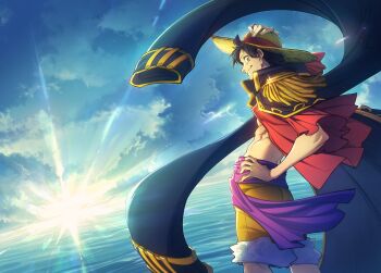  1boy abs absurdres black_coat black_hair blue_sky cloud cloudy_sky coat coat_on_shoulders commentary dawn facial_scar from_side fur-trimmed_shorts fur_trim glint gofa hand_on_headwear hand_on_own_head hand_on_own_hip hat highres horizon long_sleeves looking_at_viewer male_focus monkey_d._luffy ocean one_piece open_clothes open_shirt outdoors profile purple_sash red_shirt sash scar scar_on_cheek scar_on_face shirt short_hair shorts sky smile solo straw_hat sun sunlight sunrise symbol-only_commentary waist_sash water yellow_shorts 