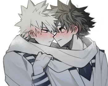  2boys bakugou_katsuki blurry blurry_edges blush boku_no_hero_academia closed_mouth clothes_grab collared_shirt commentary_request double_horizontal_stripe ear_blush eye_contact face-to-face freckles frown greyscale hand_up highres imminent_kiss jacket lapels long_sleeves looking_at_another looking_to_the_side male_focus midoriya_izuku monochrome mori_dosukoi multiple_boys multiple_scars necktie neckwear_grab nose_blush partial_commentary scar scar_on_hand scarf scarf_grab school_uniform shared_clothes shared_scarf shirt short_hair side-by-side sideways_mouth simple_background spiked_hair spot_color steam turning_head u.a._school_uniform upper_body white_background yaoi 