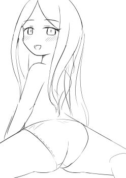  1girl ass barefoot blush from_behind kai_ooo1 loli long_hair looking_at_viewer looking_back monochrome open_mouth original panties sitting sketch smile spread_legs topless_female underwear 