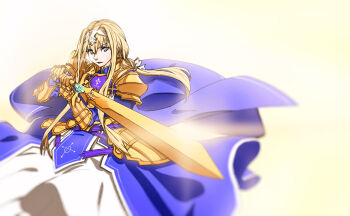  1girl absurdres accelerator1111 alice_zuberg armor blonde_hair blue_dress blue_eyes bow bridal_gauntlets cape commentary_request dress hair_between_eyes headpiece highres long_hair looking_at_viewer sidelocks solo sword_art_online sword_art_online:_alicization tabard very_long_hair white_bow white_dress 