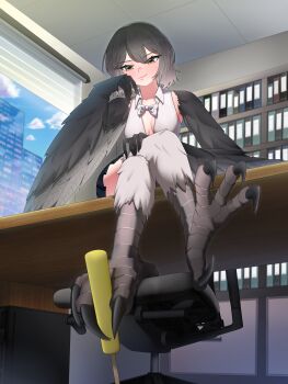  1girl absurdres bird_legs black_hair black_skirt black_wings blush bookshelf bow bowtie breasts chair cityscape commentary_request commission crossed_legs desk feathered_wings food from_below harpy highres holding holding_food holding_popsicle holding_with_feet indoors kinosita looking_at_viewer monster_girl office_chair on_desk original popsicle pov shirt short_hair sitting skirt sleeveless sleeveless_shirt small_breasts smirk solo swivel_chair talons white_bow white_bowtie white_shirt window winged_arms wings yellow_eyes 