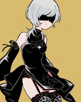  10h_(nier_reincarnation) 1girl bare_shoulders black_dress black_sleeves black_thighhighs blindfold breasts closed_mouth covered_eyes cowboy_shot detached_sleeves dress garter_straps grey_hair highres legs_together medium_breasts medium_hair nier_(series) nier_reincarnation nmiznm pelvic_curtain simple_background sleeveless sleeveless_dress solo standing thighhighs wolf_cut yellow_background 