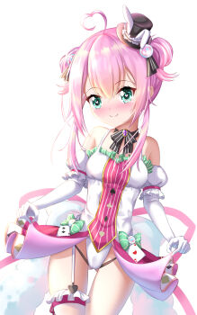  1girl absurdres ahoge black_hat blush chinese_commentary closed_mouth clothes_grab denfunsan detached_sleeves double_bun garter_straps gloves green_eyes hair_between_eyes hair_bun hat heart heart_ahoge heart_in_eye highres hololive hololive_china leotard looking_at_viewer mini_hat pink_hair puffy_short_sleeves puffy_sleeves short_sleeves single_garter_strap single_thighhigh smile solo spade_echo symbol_in_eye thighhighs top_hat virtual_youtuber white_background white_gloves white_leotard white_sleeves white_thighhighs 