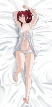  1girl ;) absurdres anna_(fire_emblem) arm_behind_head armpits arms_up babydoll bare_arms bare_legs bare_shoulders barefoot breasts cleavage dakimakura_(medium) fire_emblem full_body fur-trimmed_babydoll hand_on_own_arm highres large_breasts looking_at_viewer medium_hair navel nintendo one_eye_closed panties pomelomelon ponytail red_eyes red_hair smile solo stomach underwear white_babydoll white_panties 