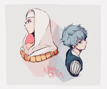  1boy 1girl amidura blue_eyes blue_hair blue_vest border character_name closed_mouth commentary cropped_shoulders fate/extra fate/extra_ccc fate_(series) gold_necklace grey_background grey_shirt hans_christian_andersen_(fate) jewelry looking_afar looking_at_viewer looking_to_the_side necklace sessyoin_kiara shirt short_hair striped_clothes striped_shirt veil vertical-striped_clothes vertical-striped_shirt vest white_border white_shirt white_veil yellow_eyes 