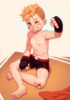  1girl alkemanubis bandaid bandaid_on_face bandaid_on_knee bandaid_on_leg bandaid_on_nose barefoot blood breasts bruise bruise_on_face female_focus fingerless_gloves freckles full_body gloves highres injury loli looking_at_viewer mma_gloves navel nipples original reverse_trap scar scar_across_eye scar_on_face short_hair shorts small_breasts smile solo spandex tomboy topless_female undercut very_short_hair  rating:Questionable score:87 user:czchov_smirnoff