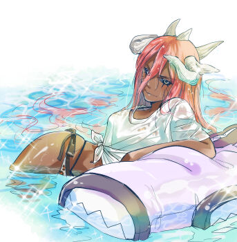  1girl alternate_form bikini black_bikini black_sclera breasts colored_sclera commentary curse_seal dark-skinned_female dark_skin hair_between_eyes highres horns inflatable_toy long_hair looking_at_viewer medium_breasts monster_girl multiple_horns naruto_(classic) naruto_(series) navel partially_submerged red_hair shirt short_sleeves smile solo swimsuit tayuya_(naruto) very_long_hair water wet wet_clothes wet_hair wet_shirt white_background white_shirt yanbonya yellow_eyes 