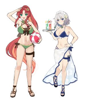  2girls ball beachball belt bikini blue_bikini blue_eyes braid braided_sidelocks breasts cocktail_glass commentary_request cup drinking_glass drinking_straw green_bikini green_eyes hair_ornament highres holding holding_ball holding_tray hong_meiling izayoi_sakuya long_hair looking_at_viewer maid maid_bikini maid_headdress multiple_girls navel o-ring o-ring_top open_mouth ponytail red_hair ruhika sandals sarong short_hair side-tie_bikini_bottom simple_background smile star_(symbol) star_hair_ornament swimsuit thigh_belt thigh_strap touhou tray unconventional_maid white_background white_hair white_sarong white_wrist_cuffs wrist_cuffs 