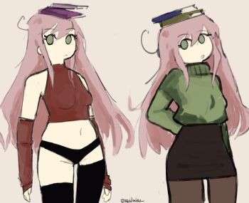  absurdres belly book green_eyes highres midriff panties pink_hair squidmiku_ thighhighs underwear yomikawa_(shimeji_simulation)  rating:Questionable score:3 user:fishiefish23