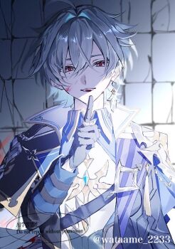  1boy ahoge armor belt belt_collar black_belt black_gloves blue_hair blue_shirt choker coat collar collared_shirt commentary crack cracked_wall earrings finger_to_mouth genshin_impact gloves hair_between_eyes jewelry lohen_(genshin_impact) long_sleeves looking_at_viewer male_focus mole mole_under_eye multicolored_eyes parted_lips partially_shaded_face shirt shoulder_armor shushing solo wataame_2233 